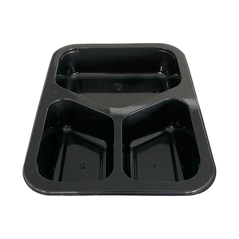 Model 025 - 23 oz Rectangle 3 Compartment Black CPET Tray