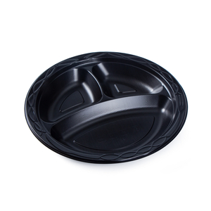 HSQY 9 Inch Disposable 3 Compartment Round Black Polypropylene Plastic Plate