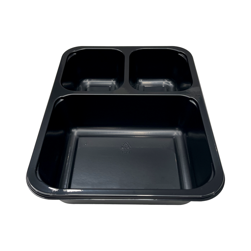 Model 012 - 27 oz. Rectangle 3 Compartment Black CPET Tray 