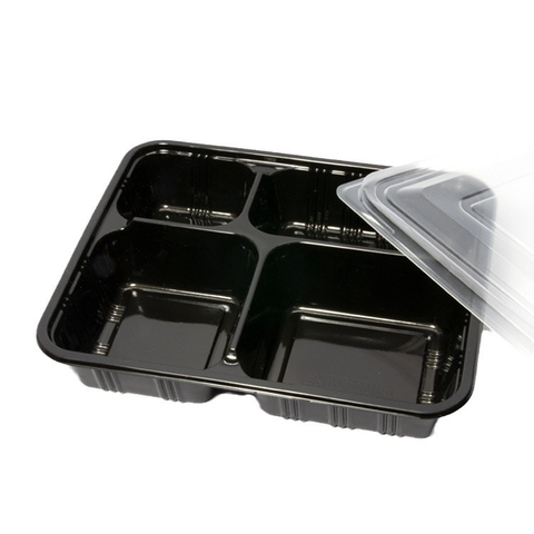 HSQY 4 Compartment Disposable Black PP Plastic Takeout Lunch Box Container With Lids