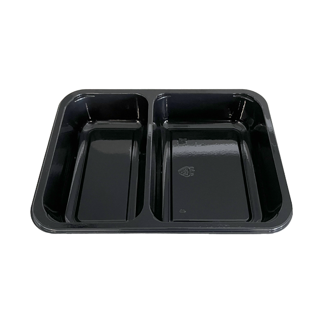 Model 016 - 27 oz Rectangle 2 Compartment Black CPET Tray