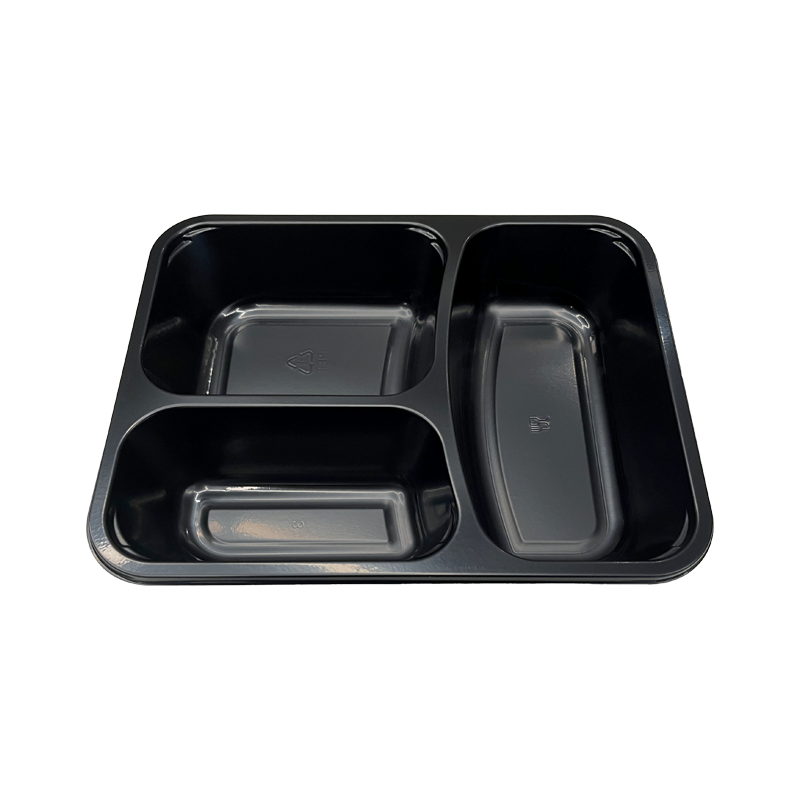 Model 005 - 34 oz. Rectangle 3 Compartment Black CPET Tray 