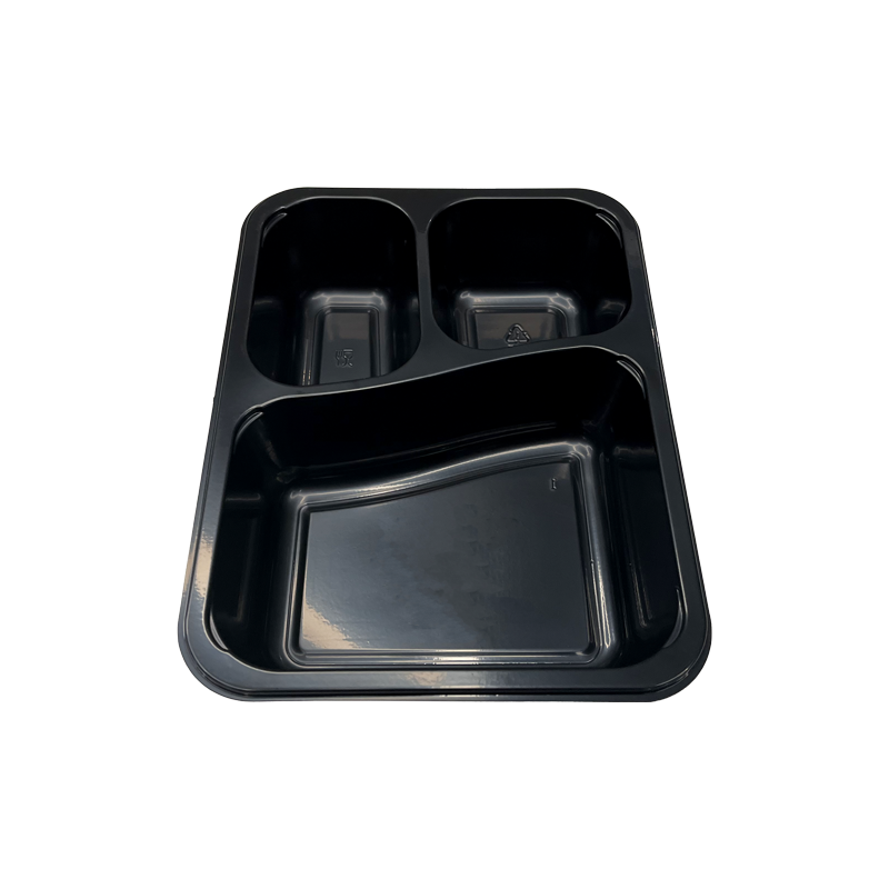 Model HS18 - 47 oz Rectangle 3 Compartment Black CPET Tray