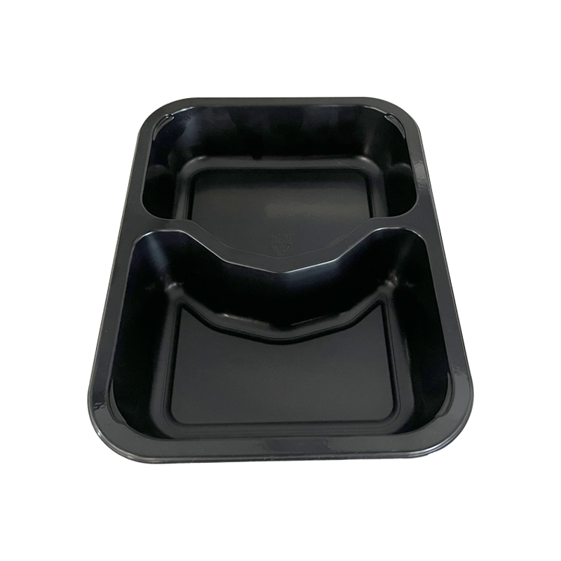 Model JC02 - 25 oz Rectangle 2 Compartment Black CPET Tray